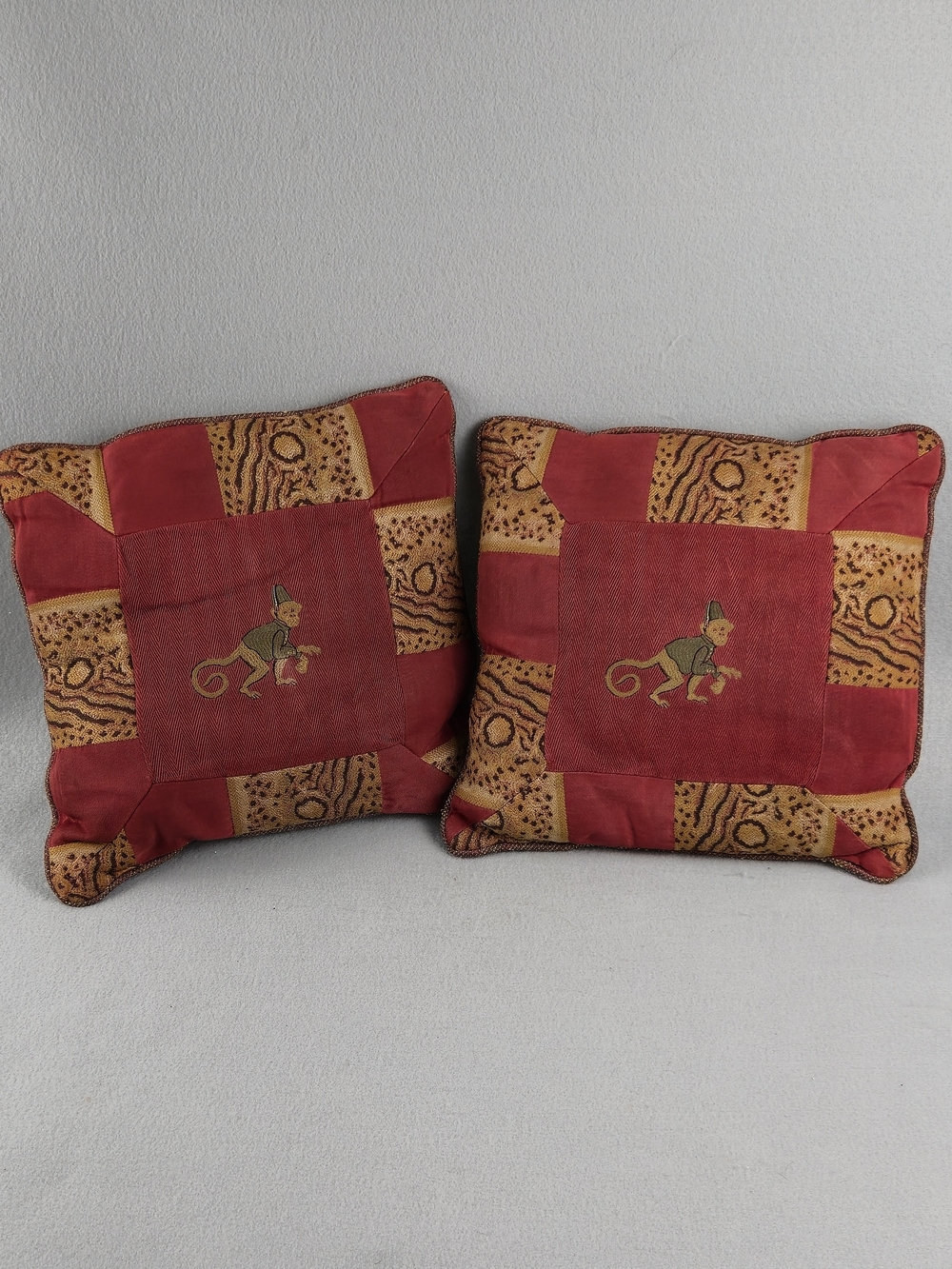 Vintage Dakotah Monkey Fez Accent Pillows Red Tapestry Pair 11x11